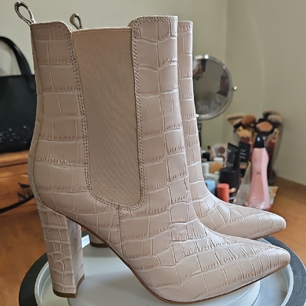 Marc Fisher Nude Croc-Embossed Pointed Chelsea Booties